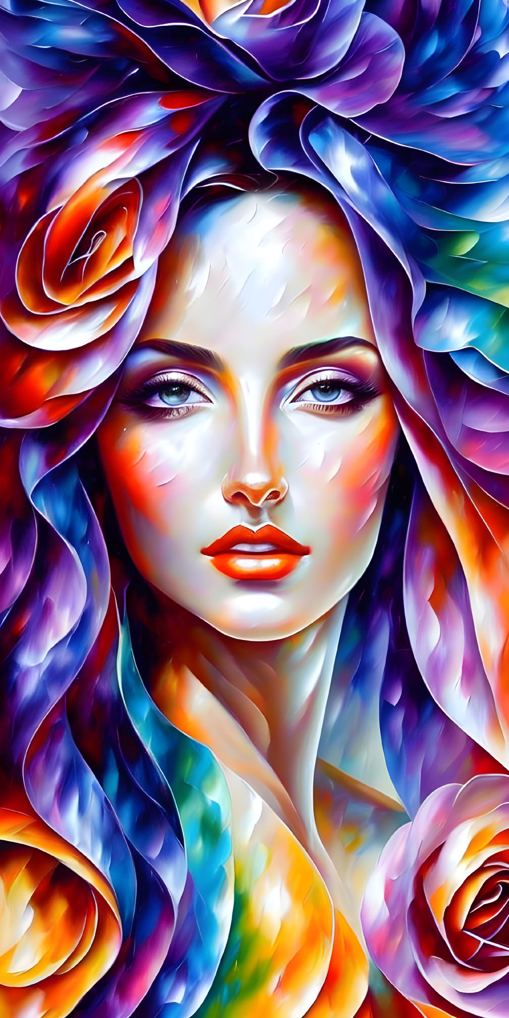 Vibrant Artistic Portrait of Woman with Flower Adorned Hair