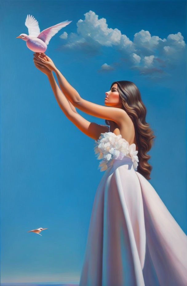 Woman in White Dress Releasing Pink Dove in Blue Sky