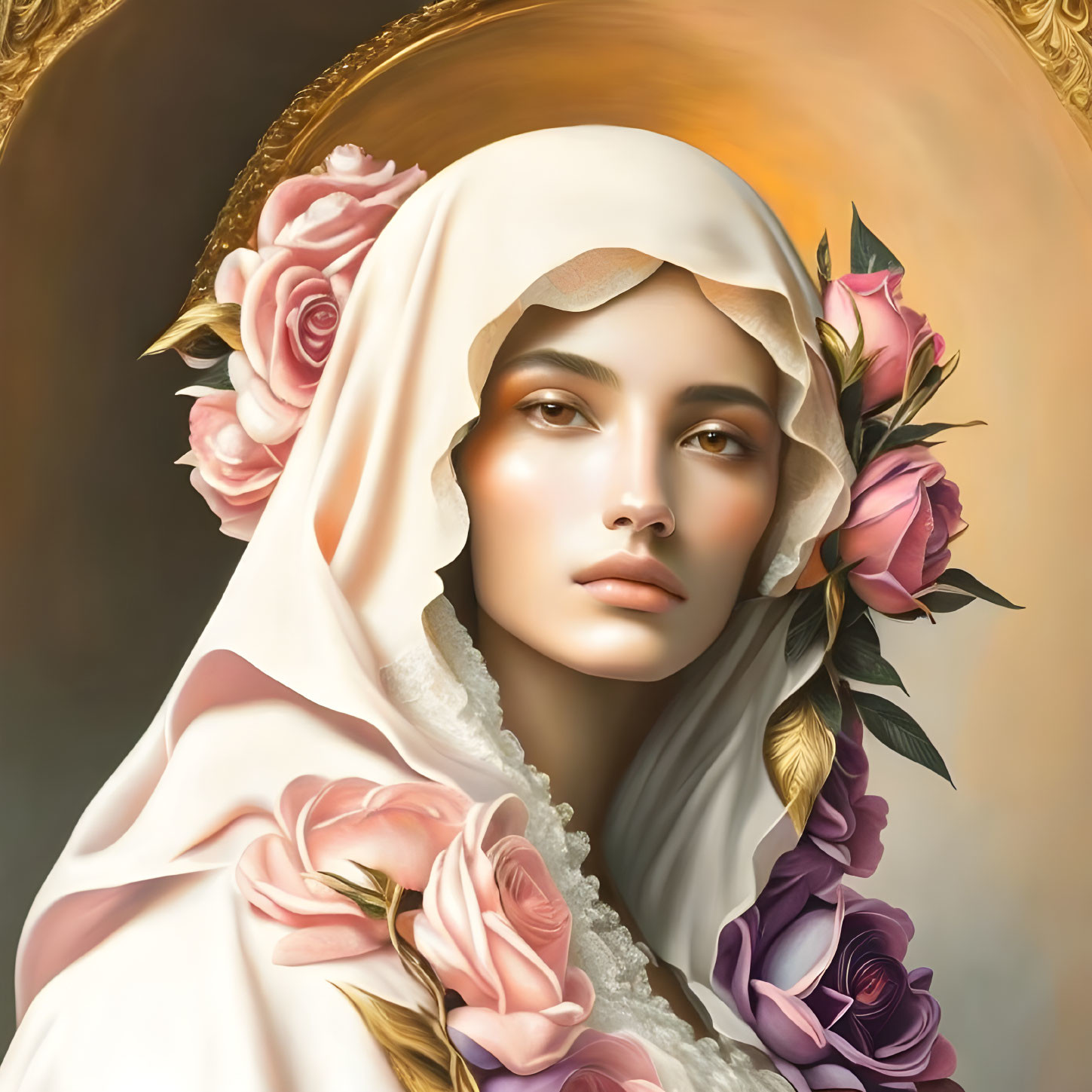 Woman in white veil with pink and purple roses and halo illustration