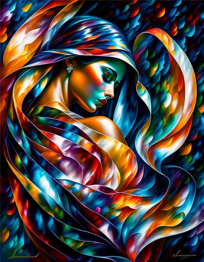 Colorful artwork: woman with flowing hair and multicolored patterns