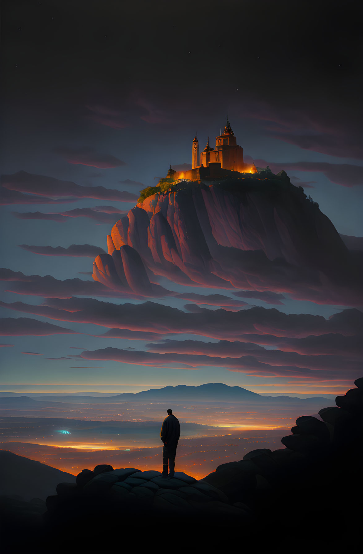 Person on rocky outcrop gazes at illuminated castle on cliff at night