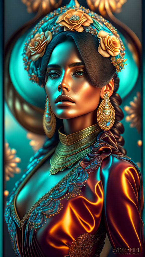 Digital artwork featuring woman with glowing skin and golden floral accessories against teal backdrop