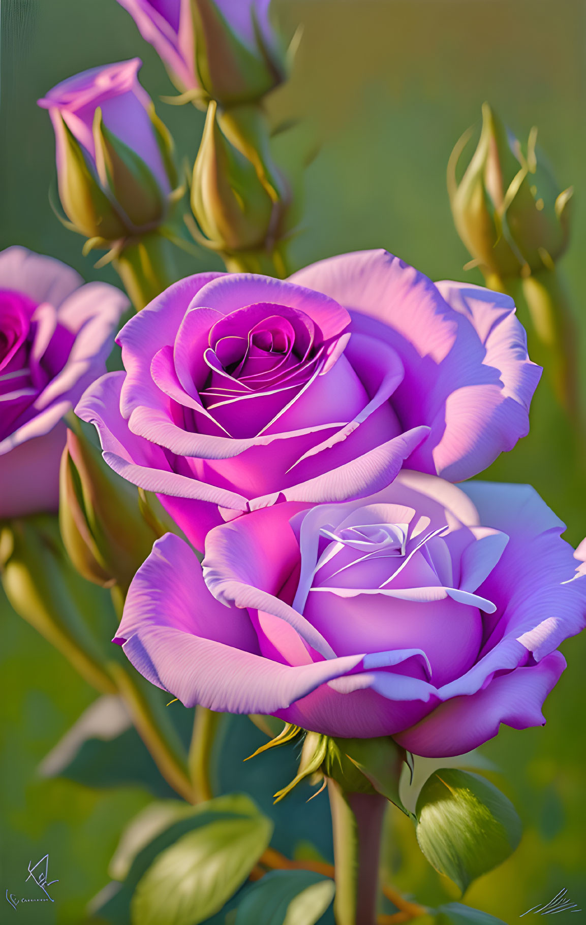 Vibrant purple roses with pink edges on soft green background