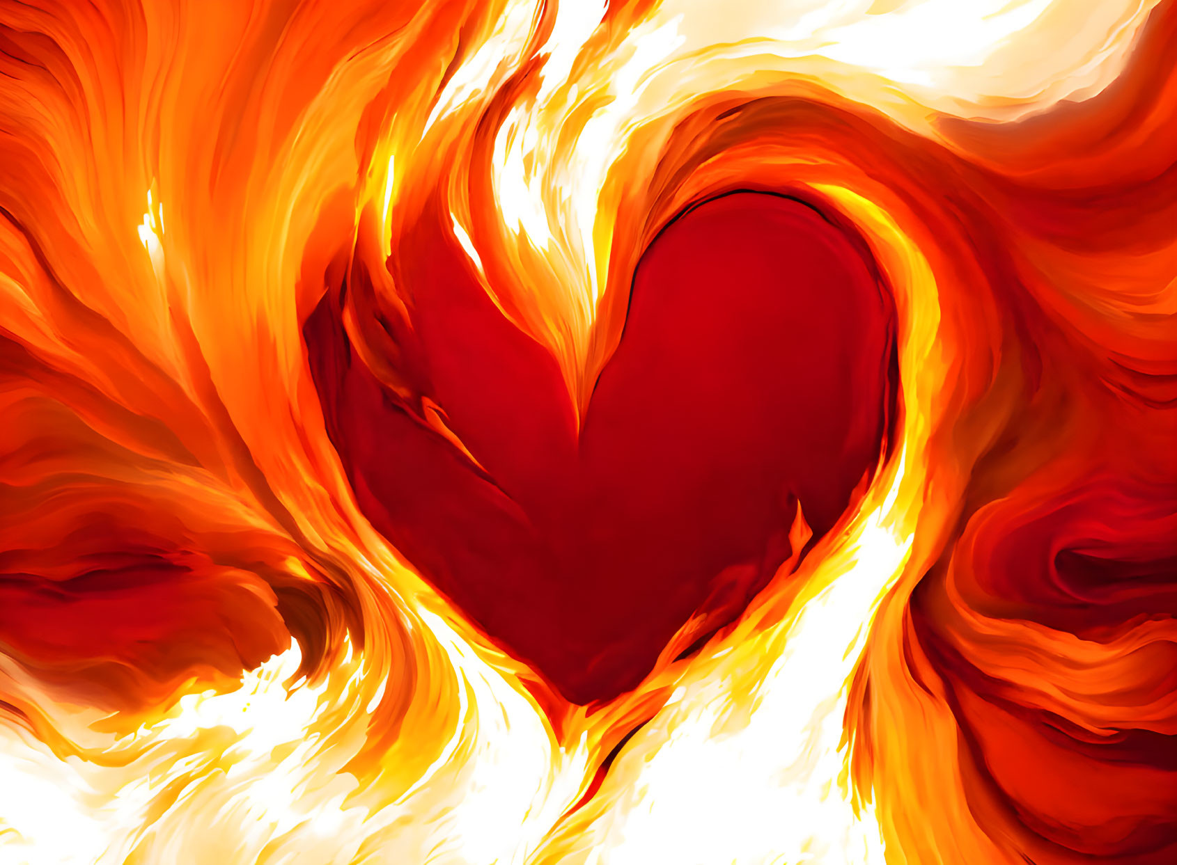 Digital artwork: Red heart engulfed in orange and yellow flames