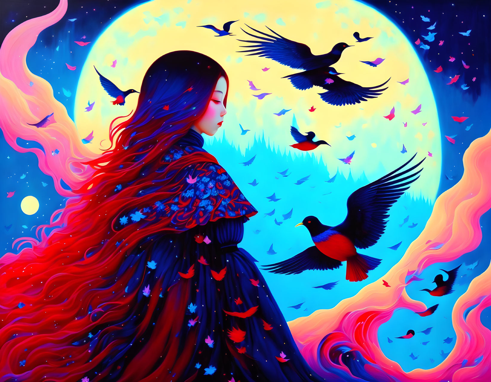 Vibrant woman with flowing hair in dreamlike landscape with moon and birds