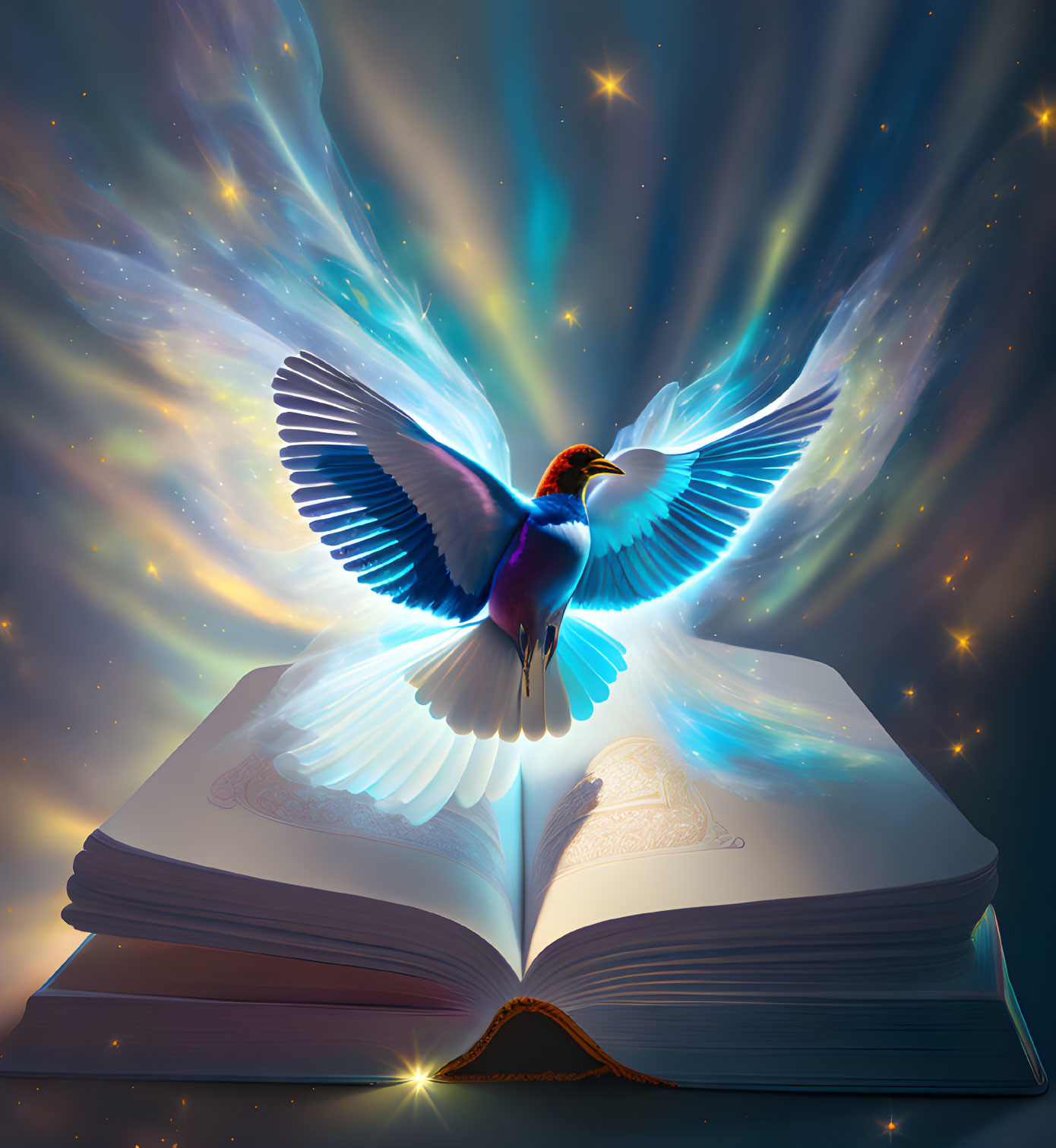 Colorful bird with wings outstretched emerging from open book against starry backdrop