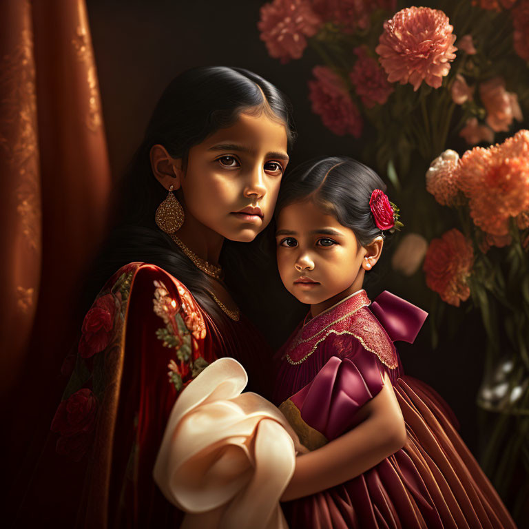 Young girls in traditional Indian attire with bouquet, surrounded by flowers and draped cloth.