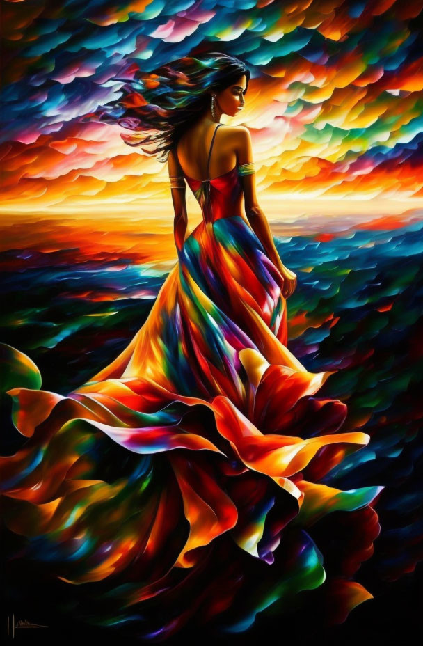 Colorful painting of woman in flowing dress against vibrant sunset sky.