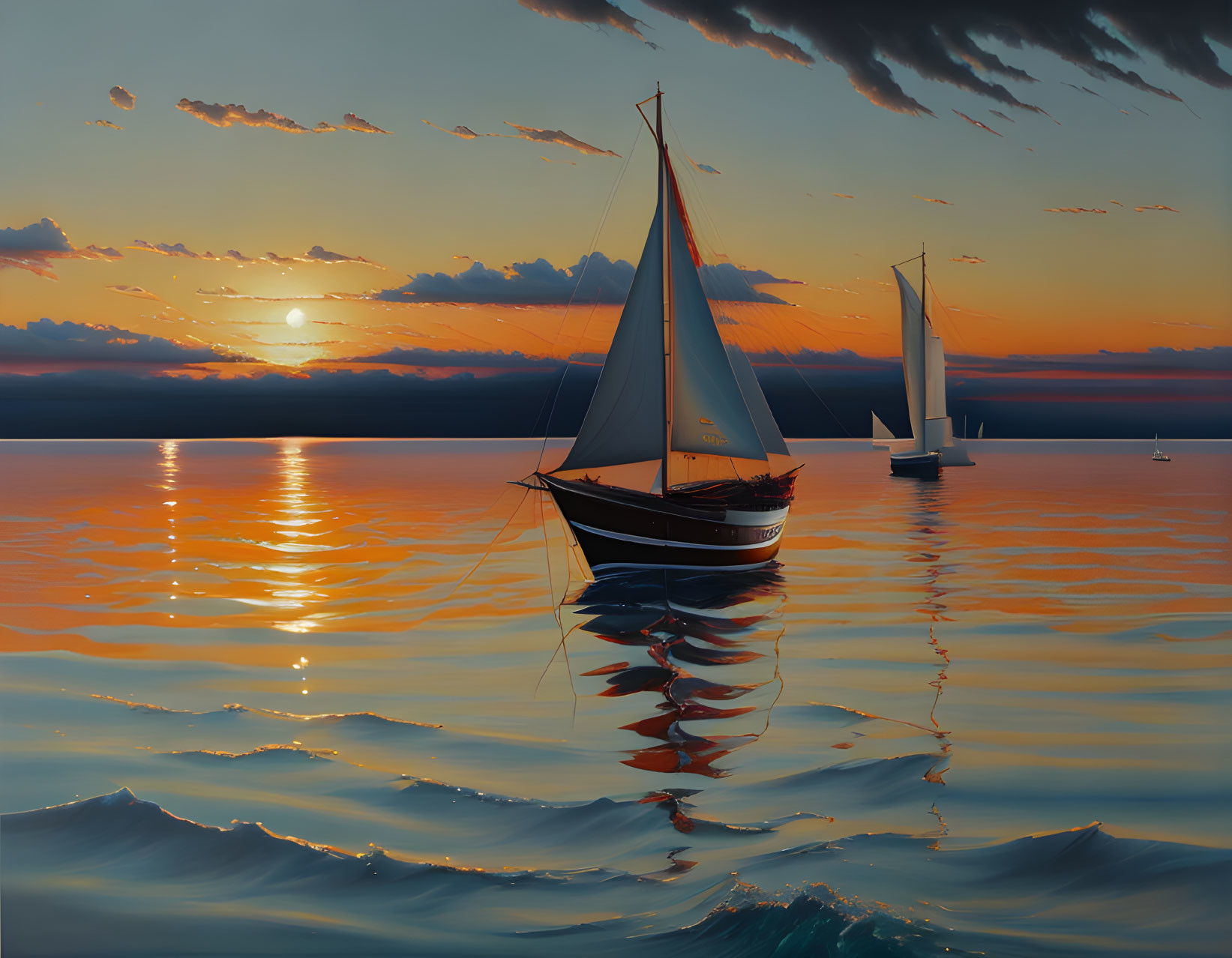 Sailboats on serene sea at sunset with vivid reflections