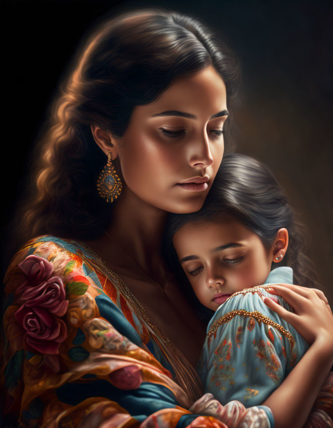 Portrait of woman and child in warm embrace with intricate clothing