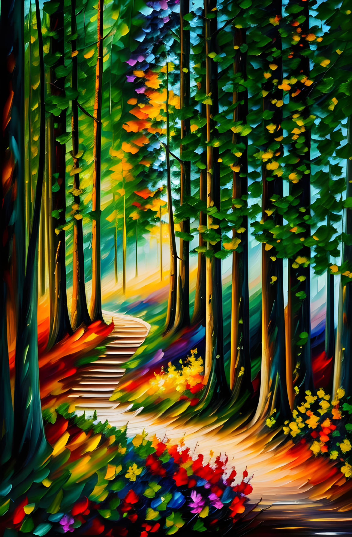 Colorful Painting: Enchanted Forest Path with Bright Hues