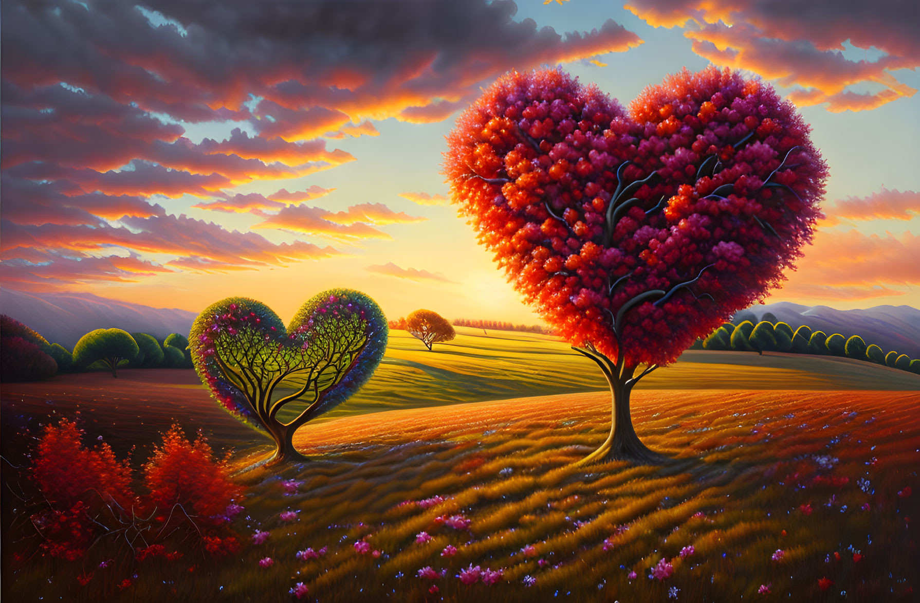 Colorful sunset landscape with heart-shaped trees & rolling hills