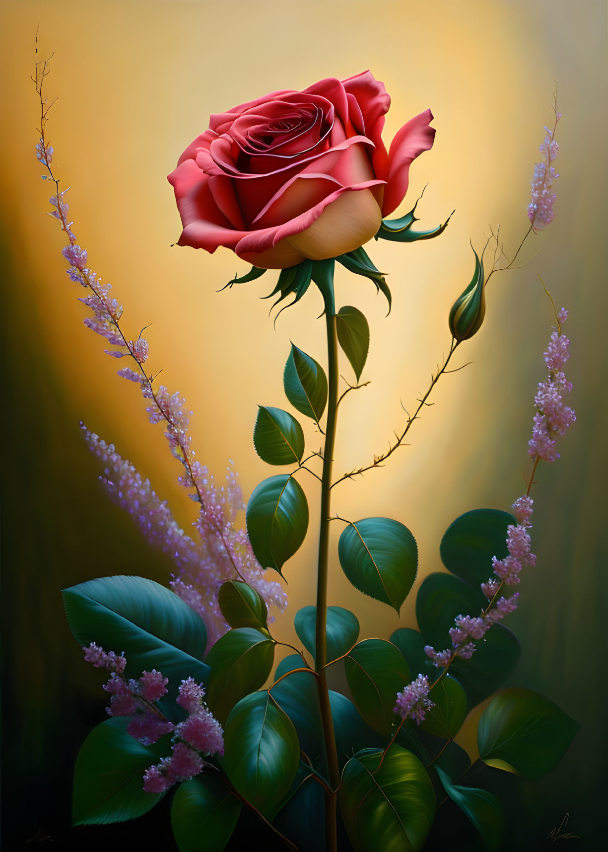 Vibrant red rose digital painting with green leaves on golden background