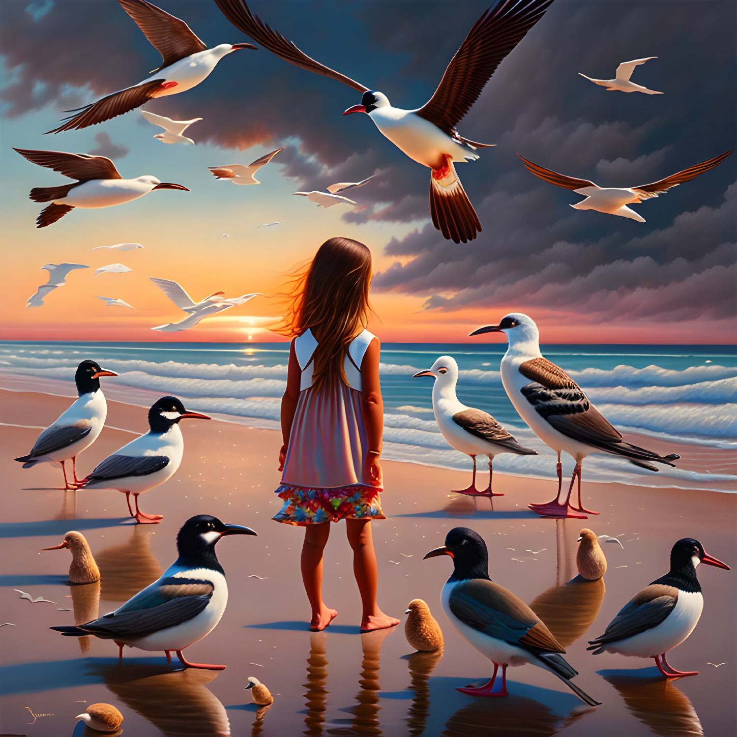 Girl on Beach at Sunset with Seagulls, Waves, and Clouds