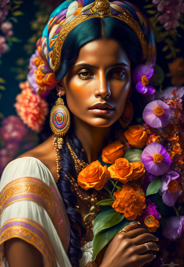 Woman adorned in colorful headgear and jewelry among vibrant flowers