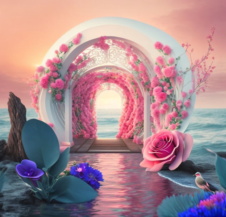 Pink flower archway over wooden walkway with sunset sea view & colorful plants