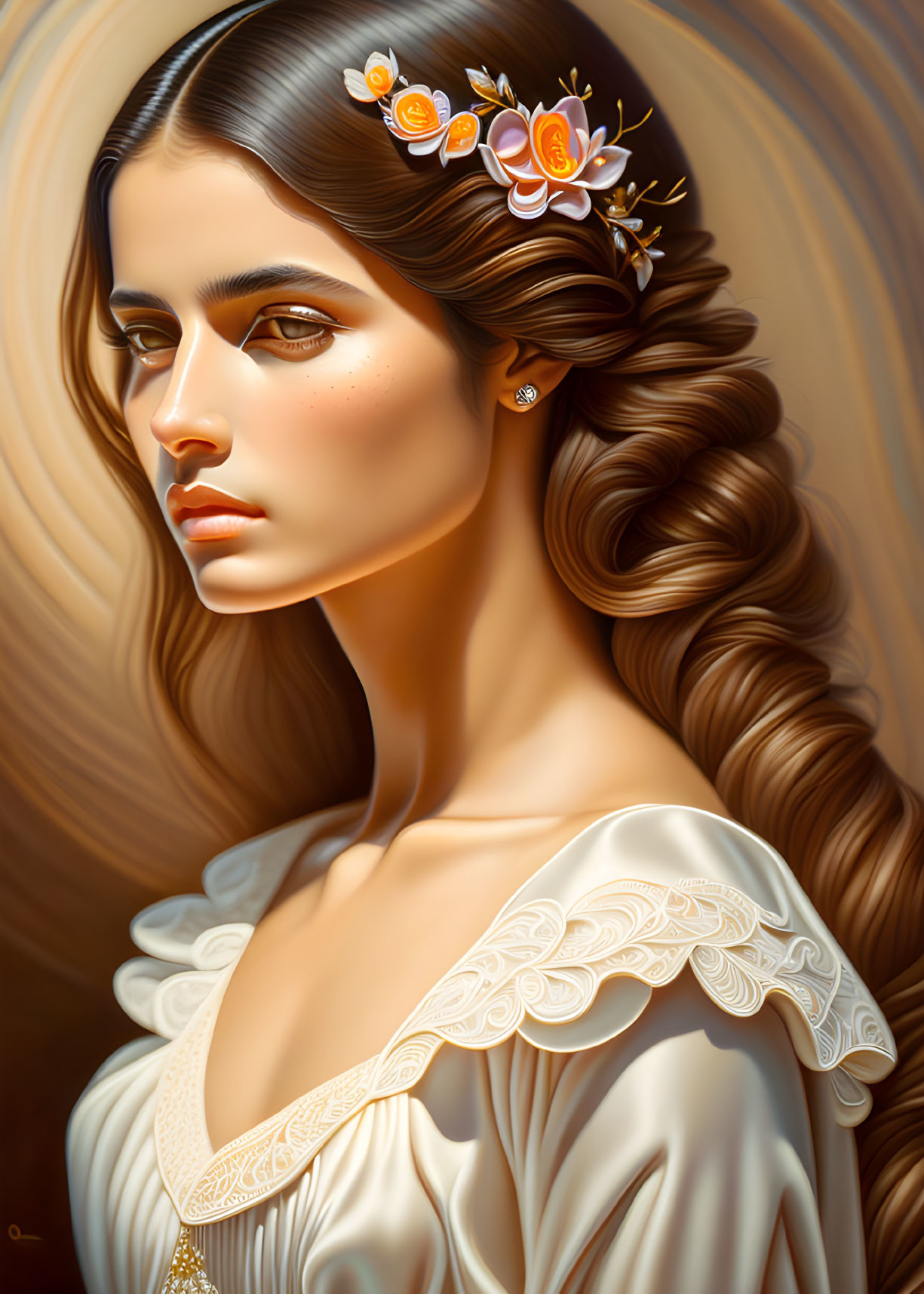 Digital portrait of woman with braided floral hairstyle in vintage white dress