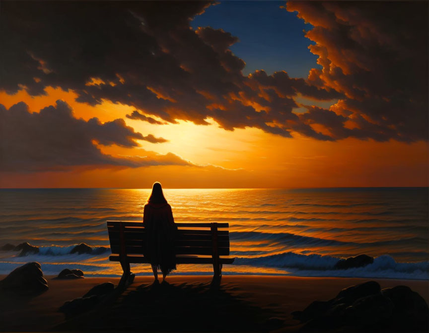 Sunset beach scene with person on bench and orange skies