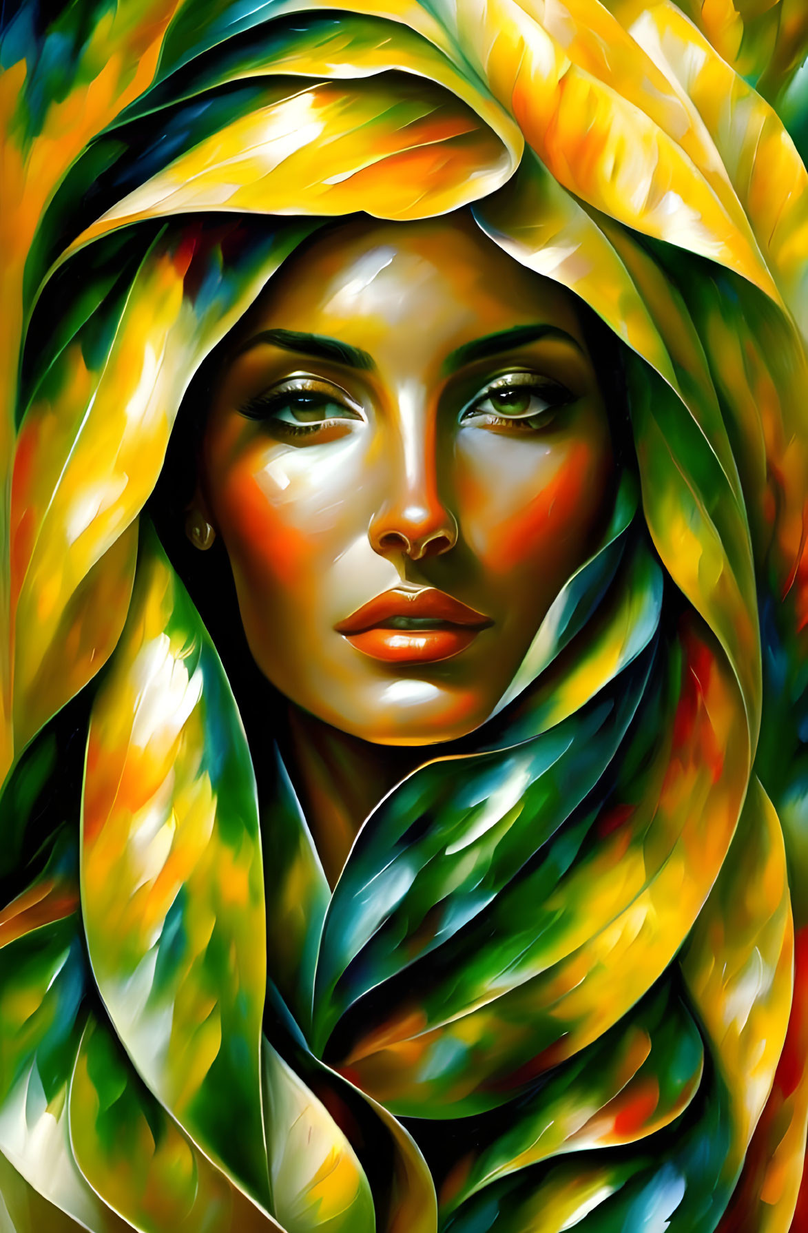 Colorful digital painting of woman with swirling headscarf in yellow, orange, and green.