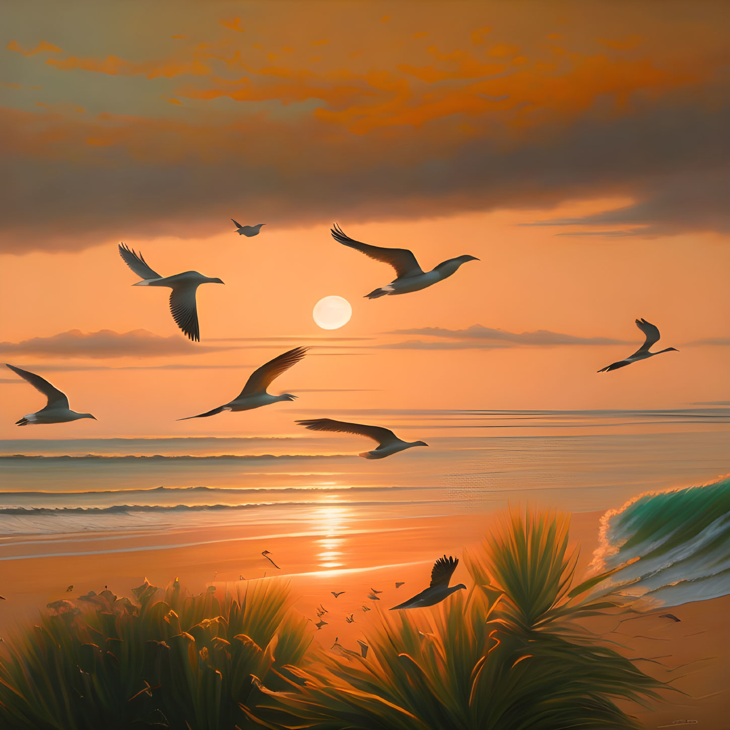 Tranquil sunset beach scene with golden sky and flying seagulls