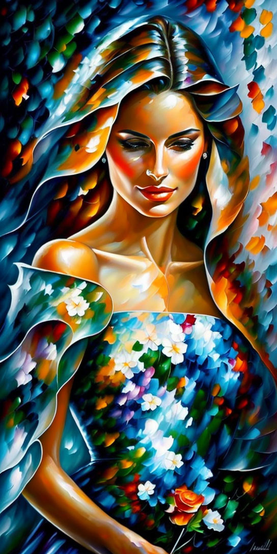 Colorful painting of woman with flowing hair amidst vibrant flowers and leaves