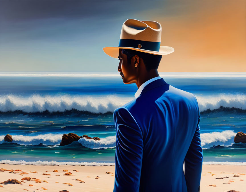 Man in Blue Suit and Two-Toned Hat on Beach at Sunset