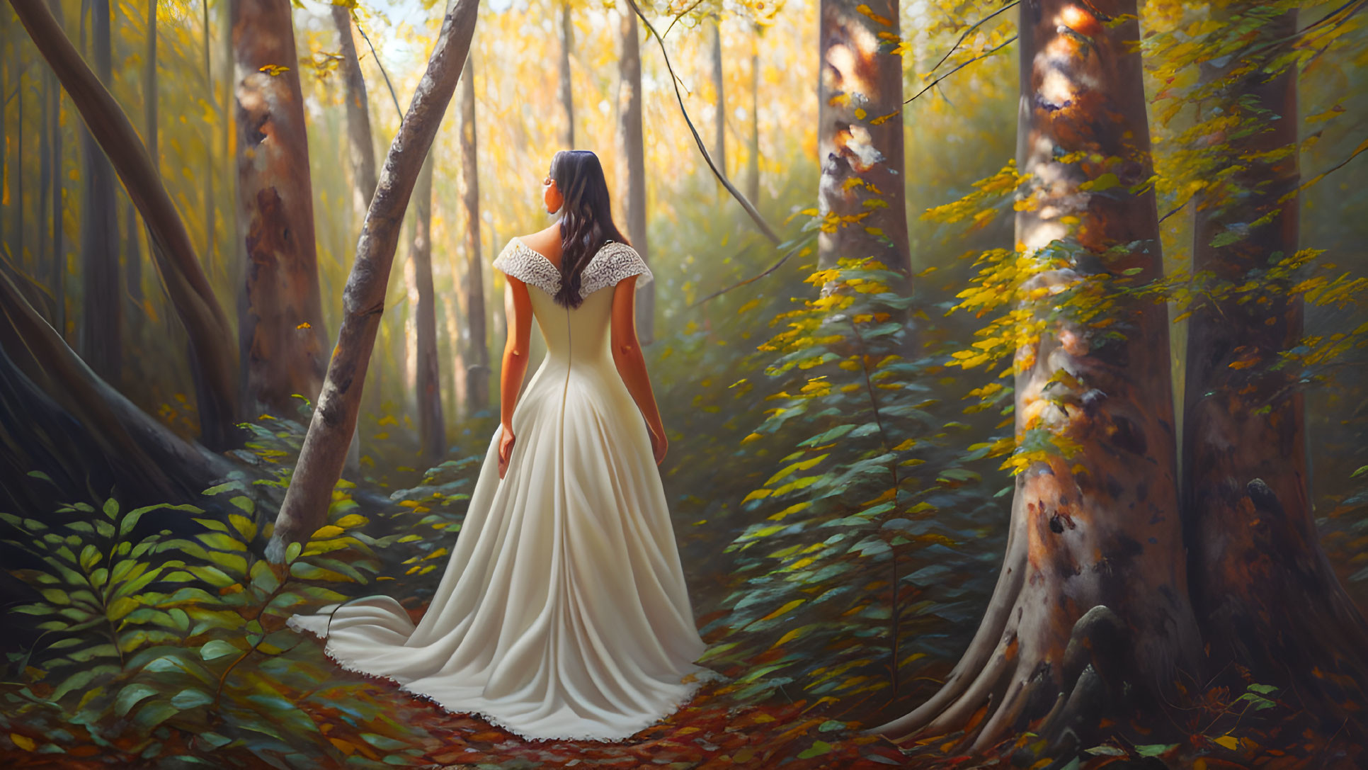 Woman in white gown in sunlit autumn forest with tall trees and fallen leaves