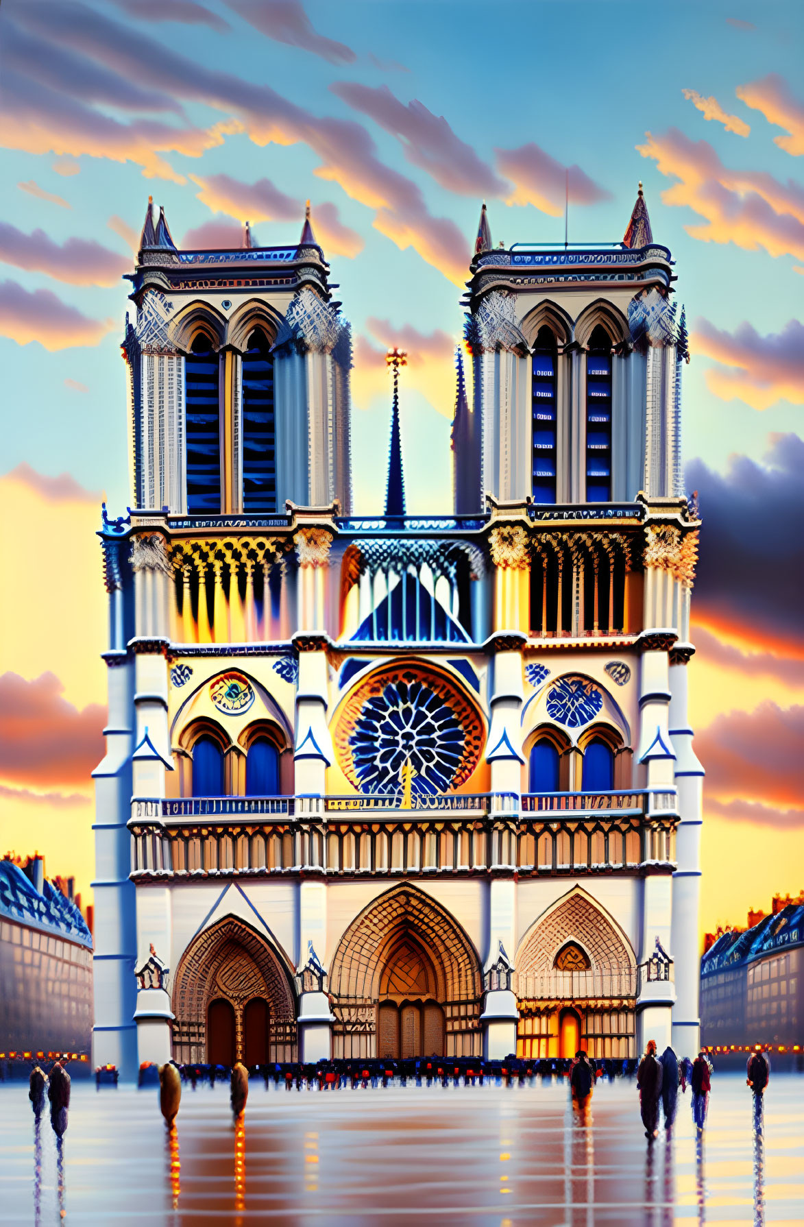 Iconic Notre-Dame Cathedral Twin Towers Sunset Silhouette View