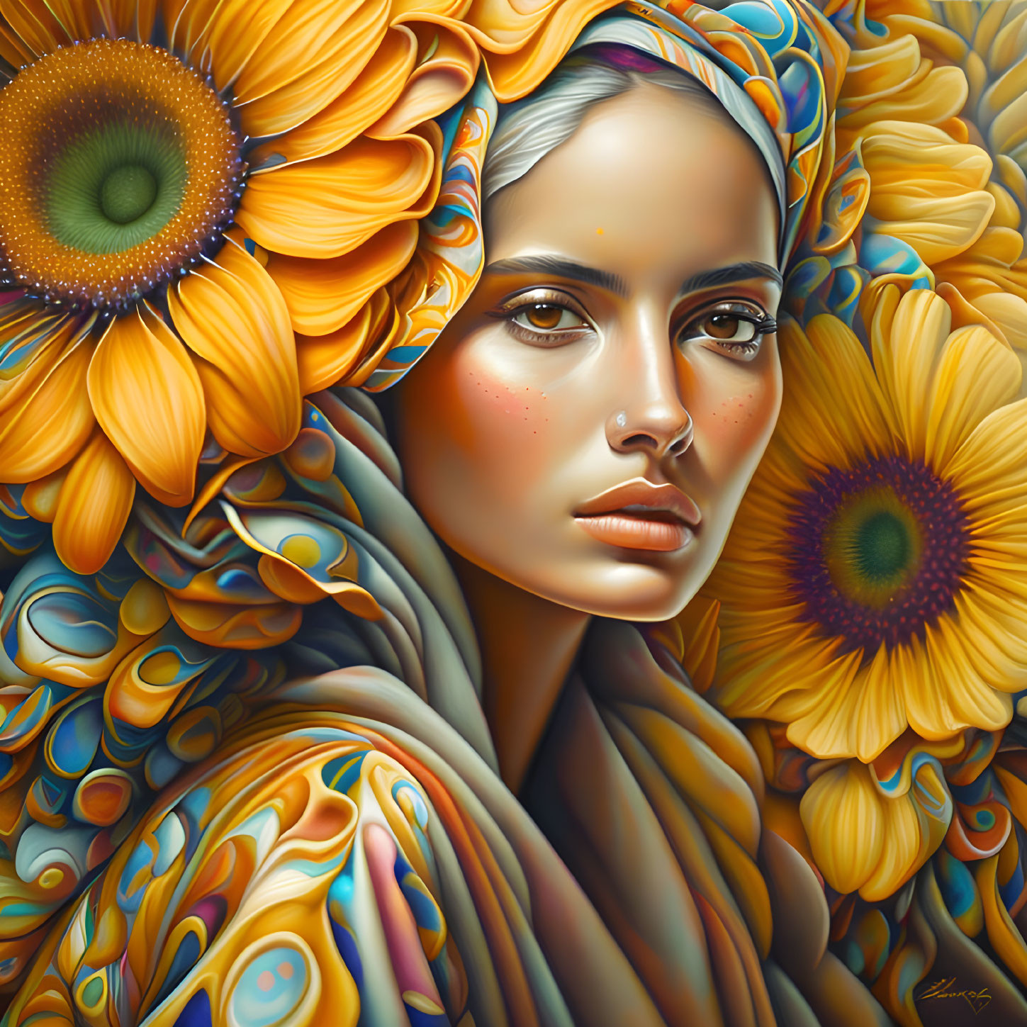 Vibrant sunflower-themed portrait in warm yellow and orange tones