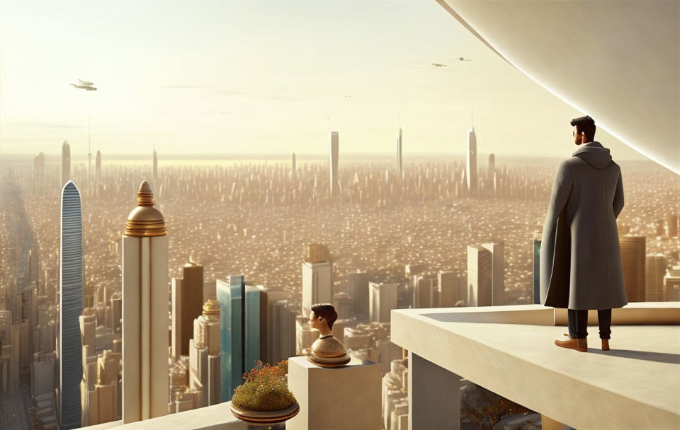 Futuristic balcony scene with cityscape and flying vehicles