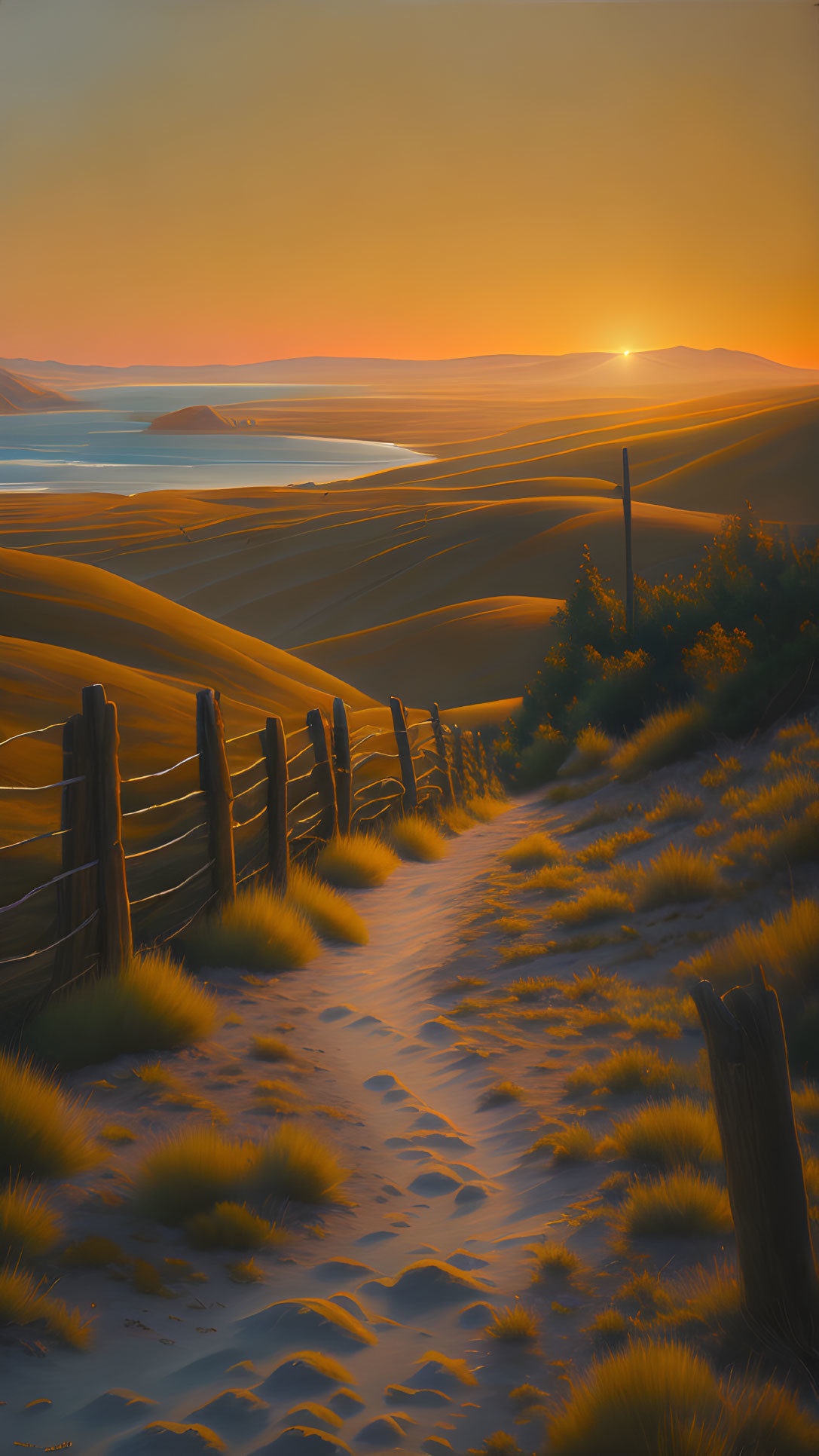 Tranquil sunset over sand dunes and wooden fence by serene bay