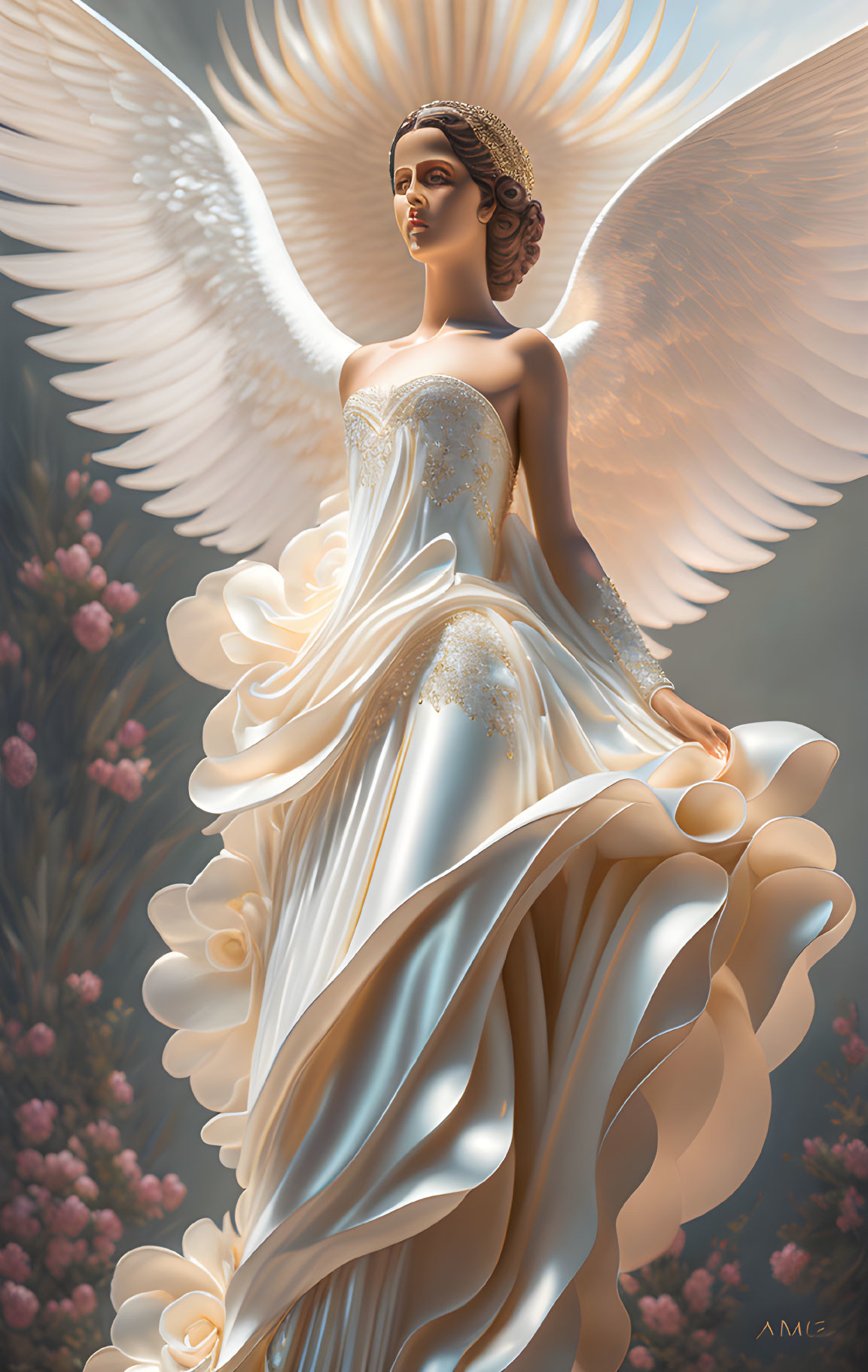 Illustration of angelic figure in white gown with halo and wings on floral backdrop