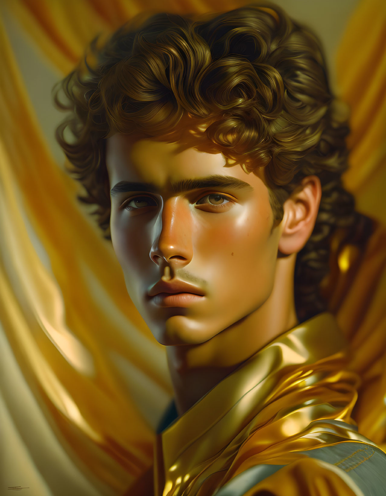 Young man with curly hair in golden draped clothing under warm light