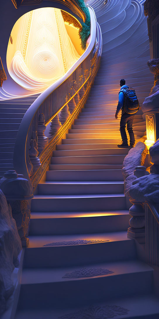 Person climbing luminous spiral staircase to ornate portal