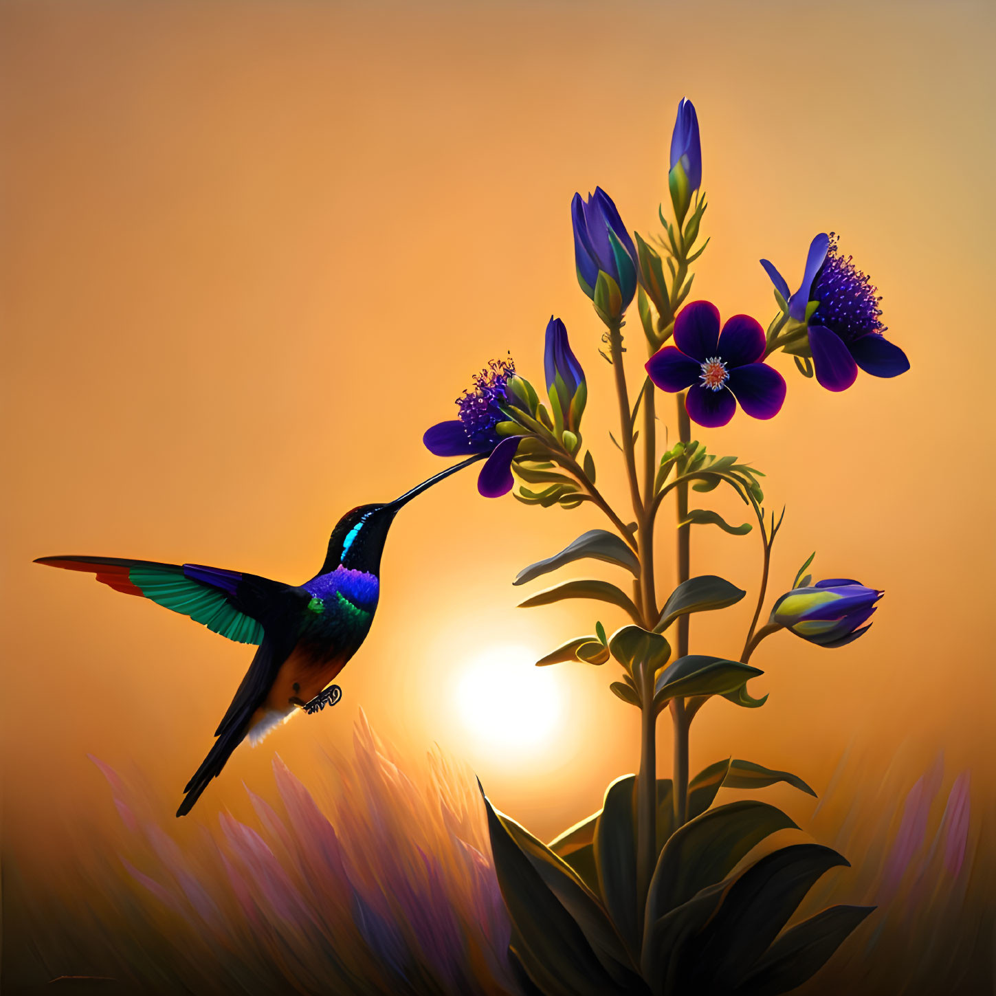 Colorful hummingbird near purple flowers at sunset