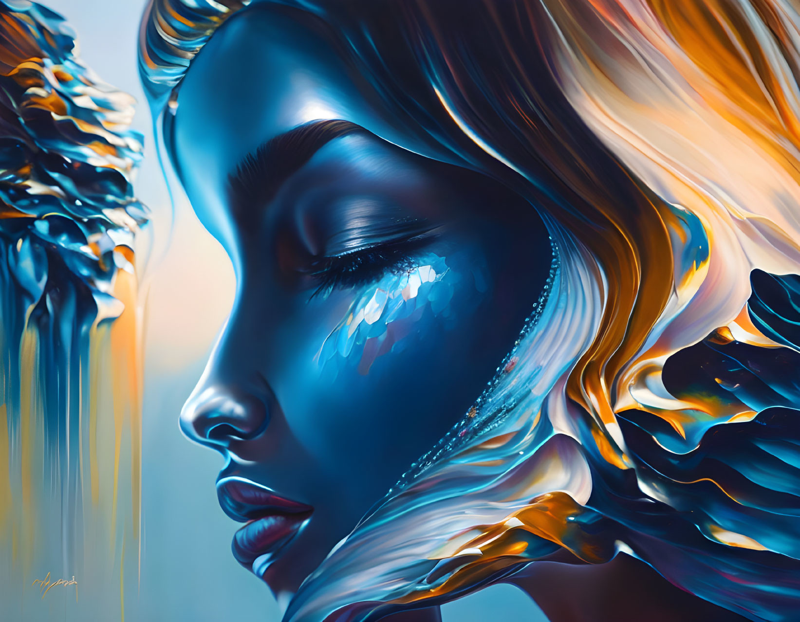 Surreal portrait of a woman with metallic-like hair and skin in blue and gold shades