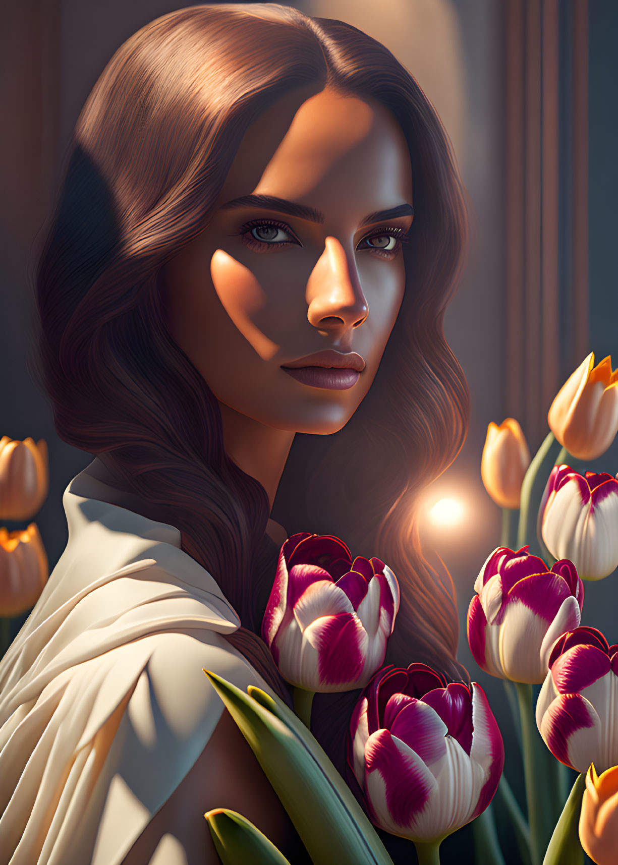 Digital Artwork: Woman with Brown Hair and Tulips