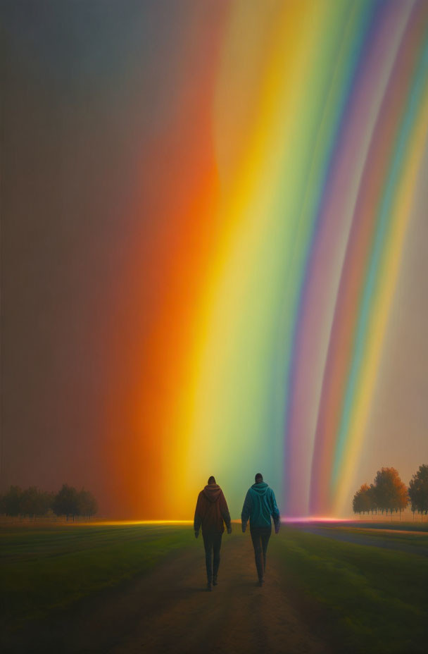 Vibrant oversized rainbow in misty landscape with two people walking.