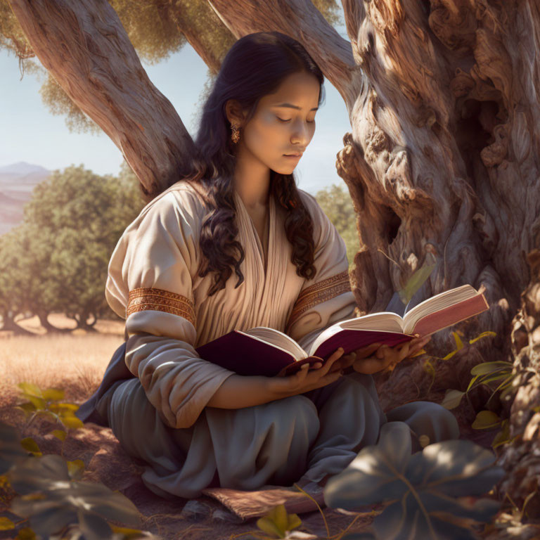 Woman Reading Book Under Tree with Sunlight Filtering Through Leaves