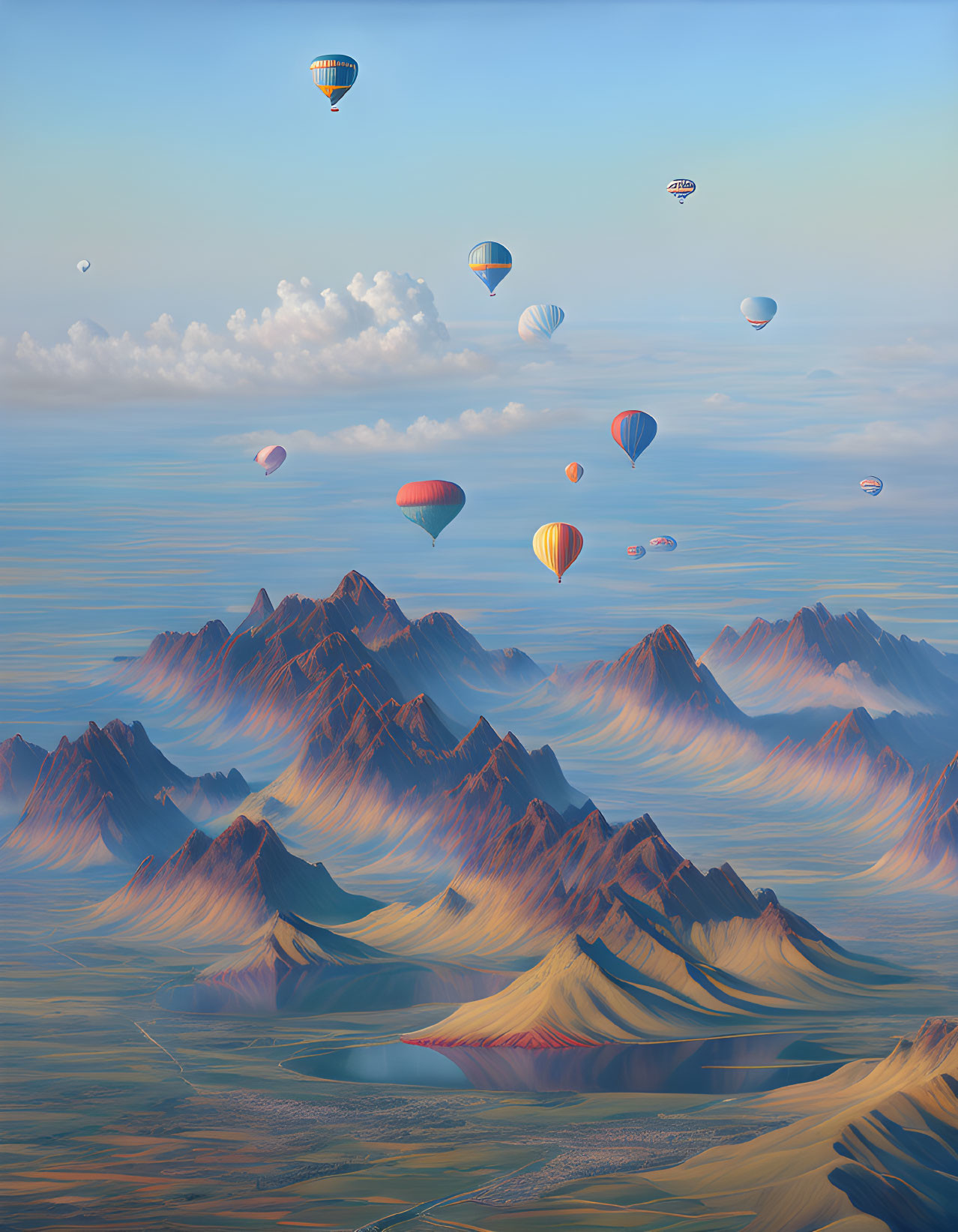 Colorful Mountains and Hot Air Balloons Over Serene Landscape