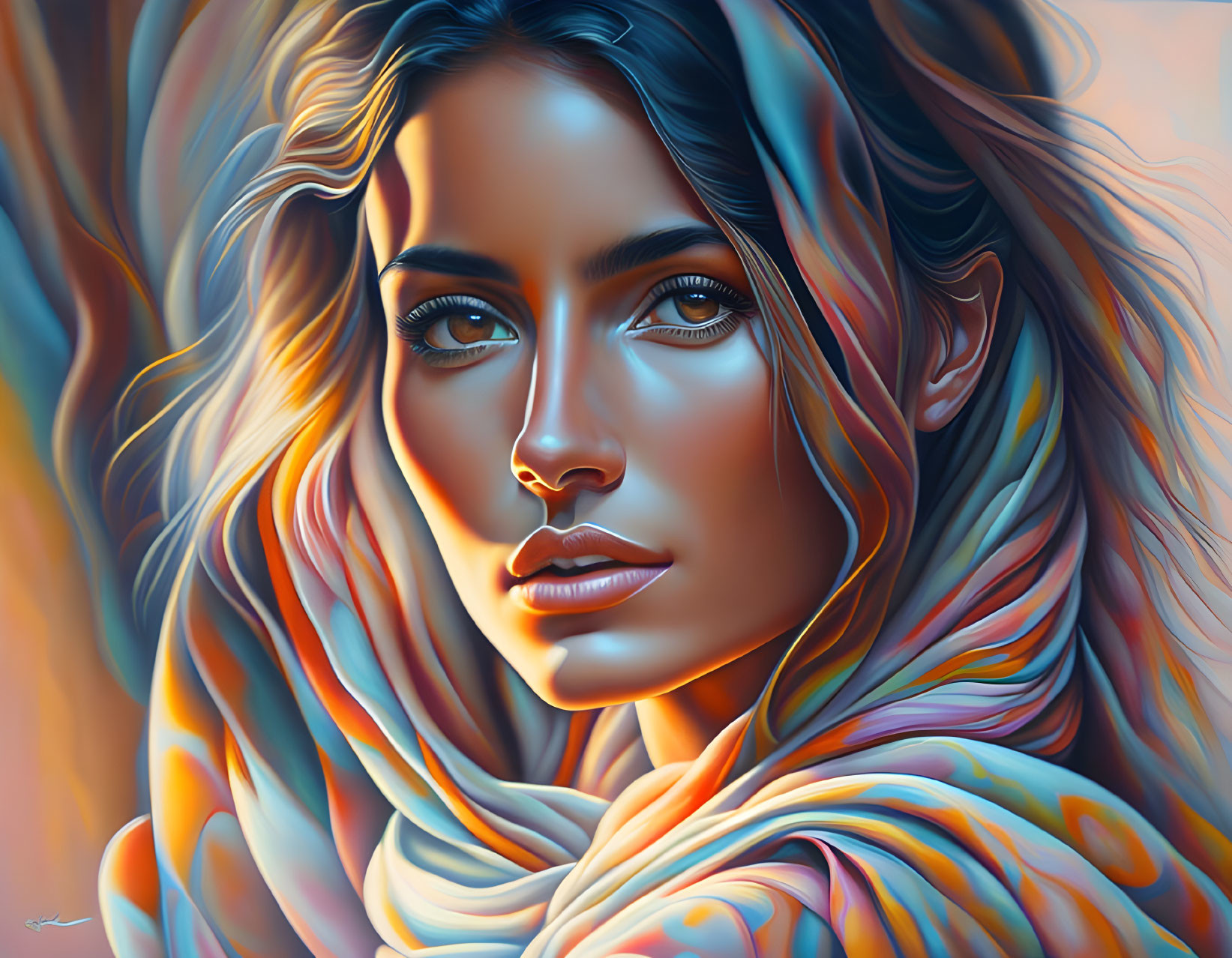 Colorful portrait of woman with flowing hair and scarf in warm tones