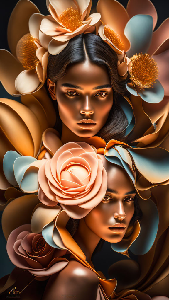 Golden flower layers frame serene woman's face in digital art