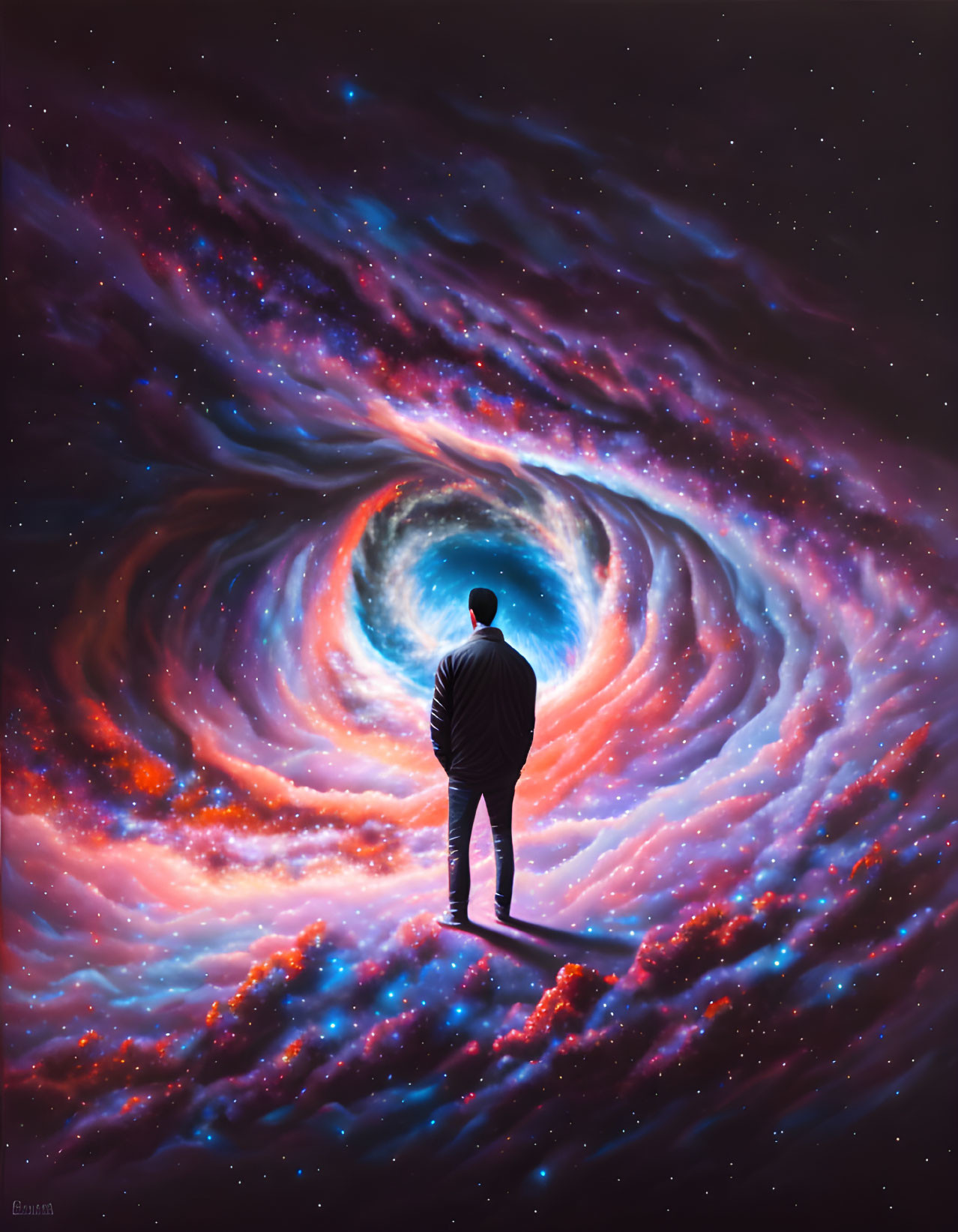 Person Contemplating Swirling Galaxy in Blue, Purple, and Red