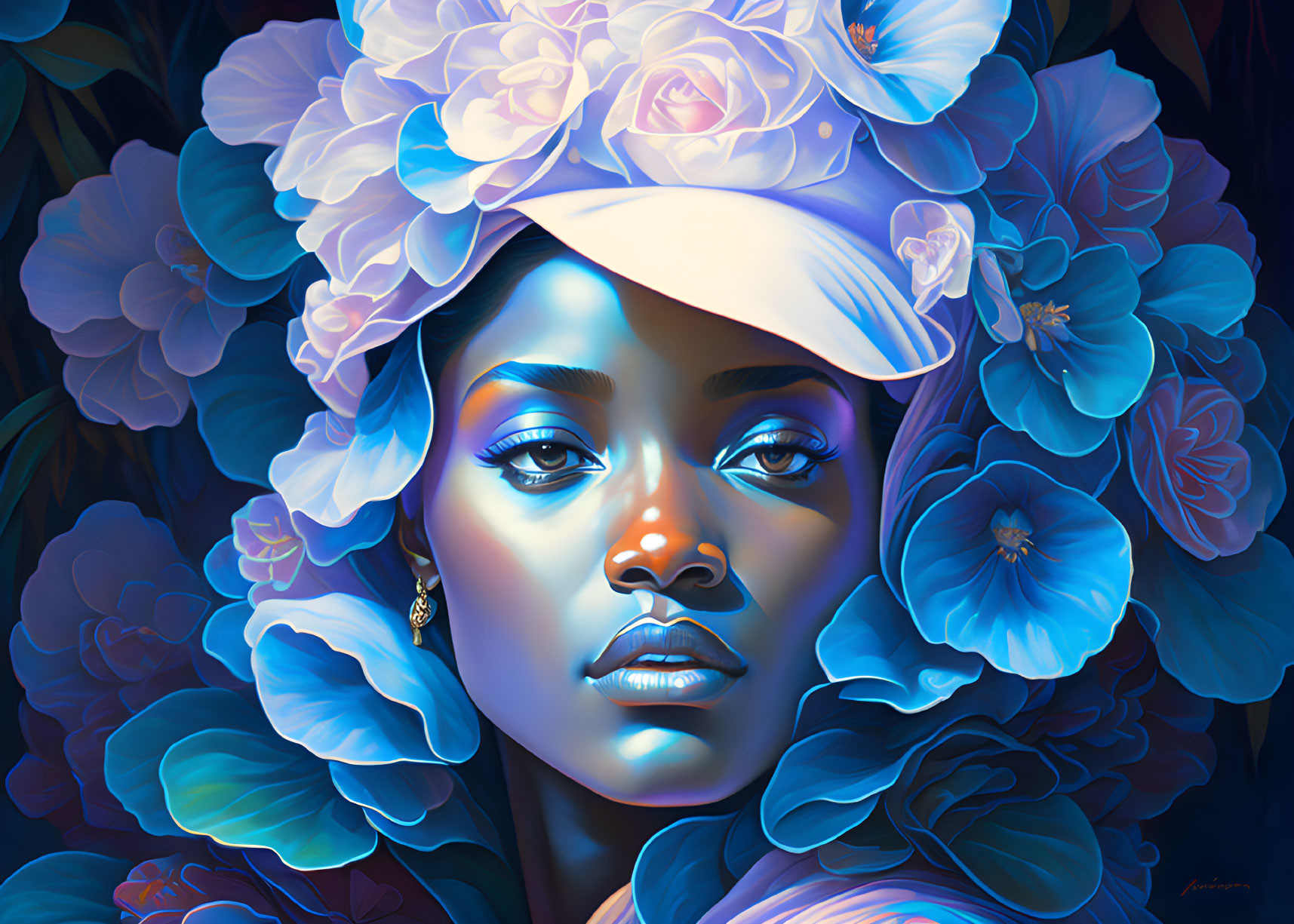 Woman in Floral Hat Surrounded by Blue Flowers