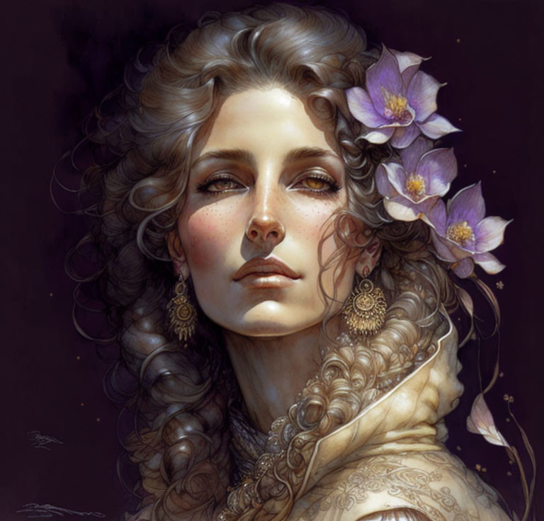 Portrait of Woman with Curly Hair and Floral Adornments