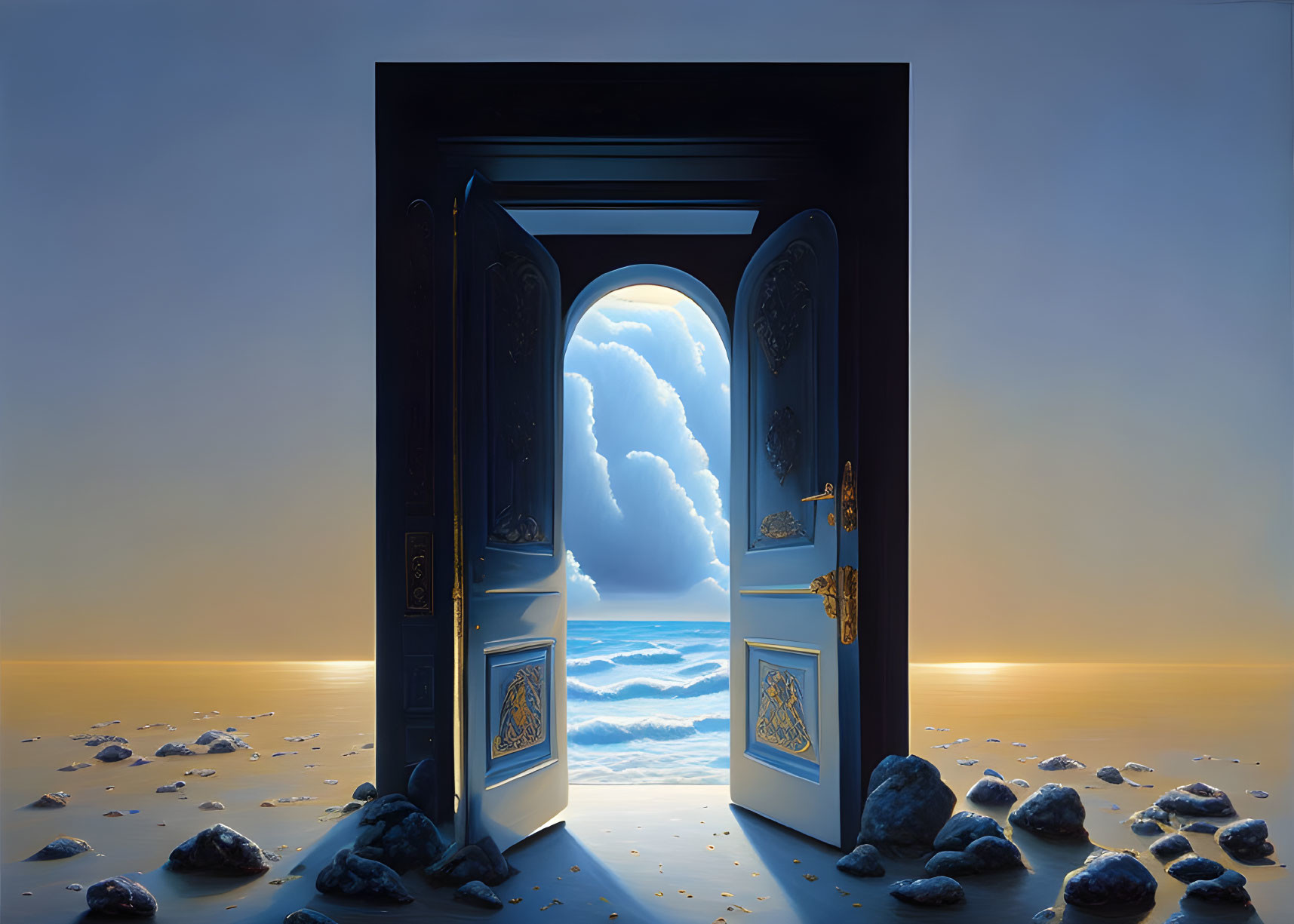 Open door on rocky shore reveals surreal ocean view with rising clouds at sunset or sunrise