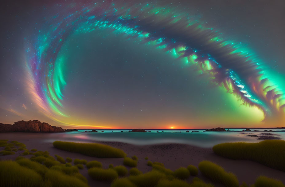 Vibrant aurora borealis over tranquil beach with starlit sky