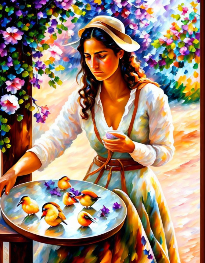 Vibrant painting: Woman in vintage attire with grape, peaches on floral backdrop