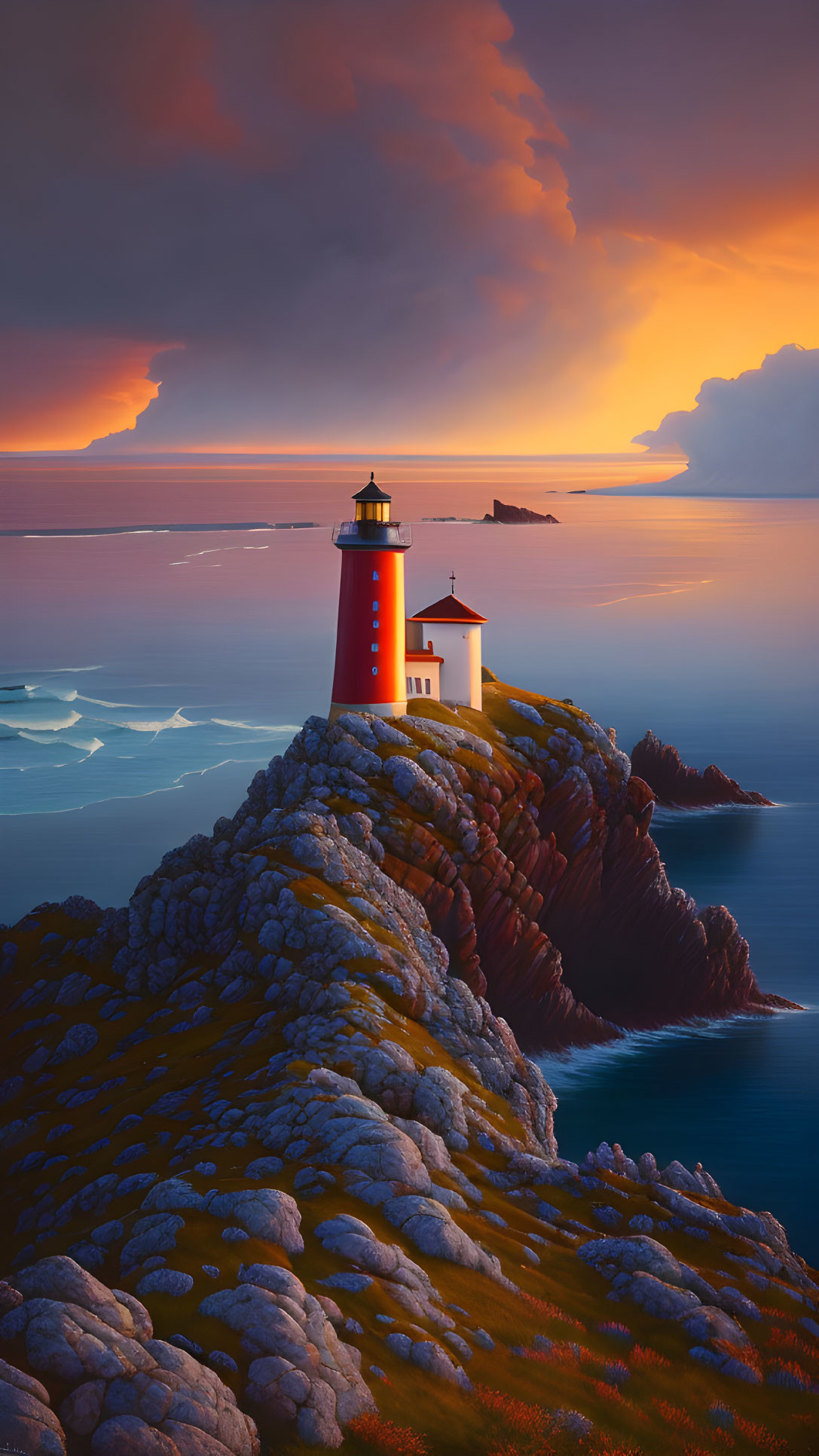 Lighthouse on rugged cliff at sunset with calm seas and colorful sky