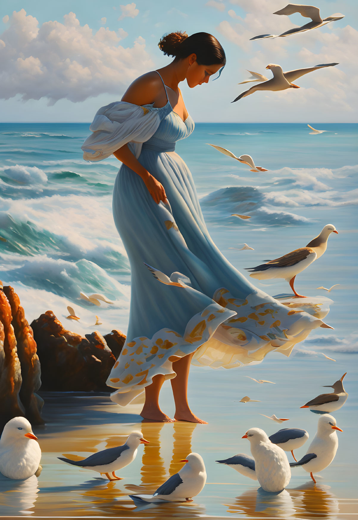 Woman in flowing blue dress on beach with seagulls and ocean waves